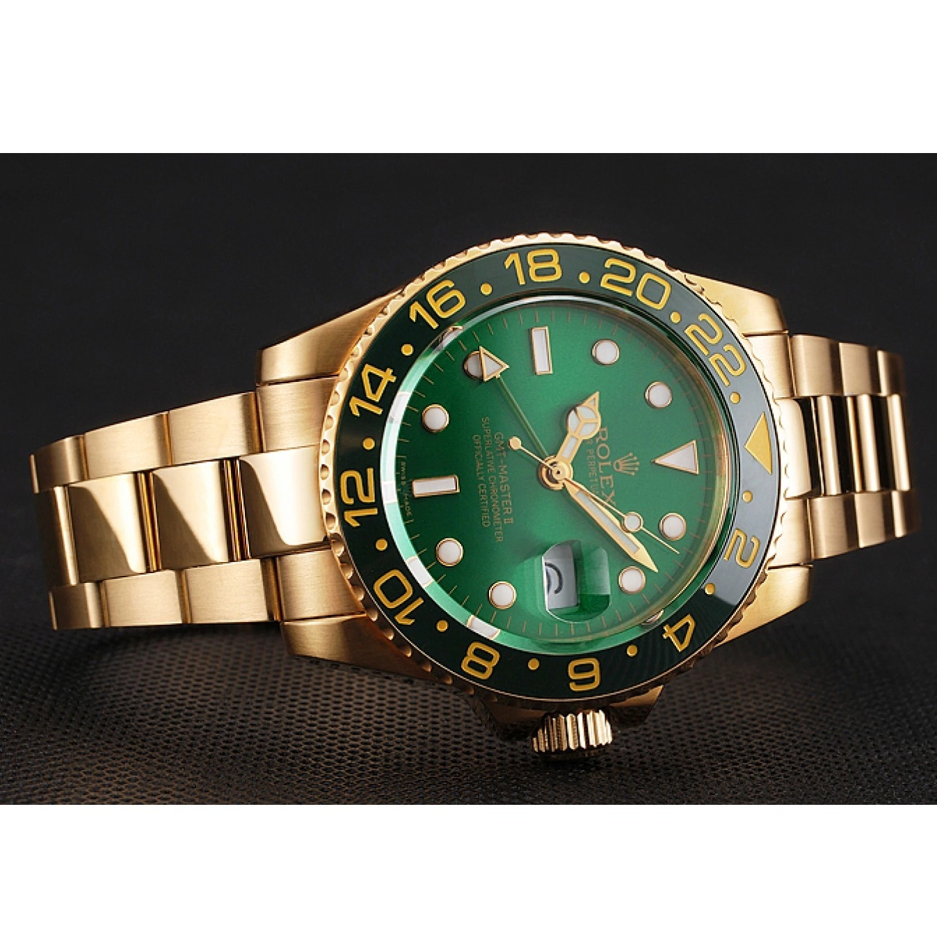 Aaa replica watch 1453750 And Case Rolex Gold Bezel Green Master GMT Swiss Dial Bracelet II And 0530